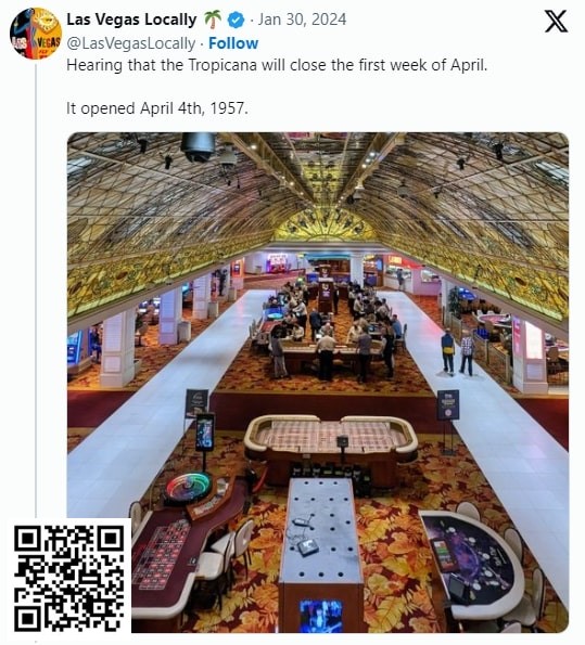 【EPCP扑克】标志性的拉斯维加斯Tropicana娱乐场将于4月关闭，为奥克兰运动家队的搬迁做准备