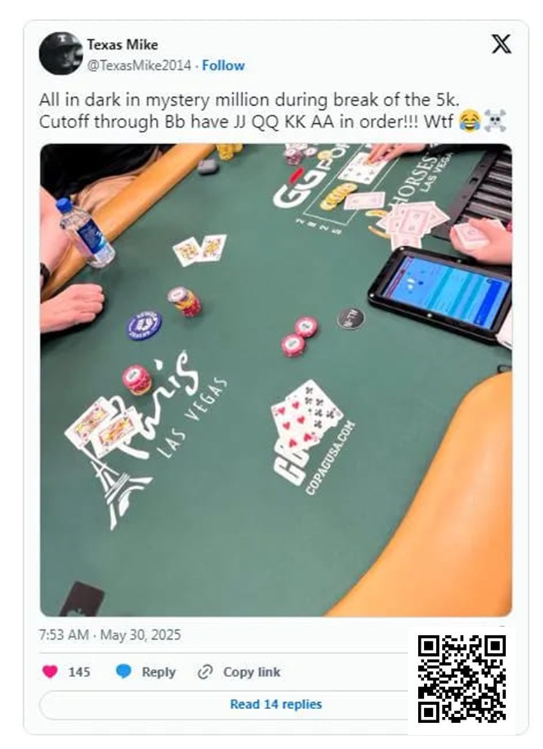 【EPCP扑克】WSOP的神奇时刻：Michael Moncek在盲注位全下，没想到身后有JJ、QQ、KK和AA