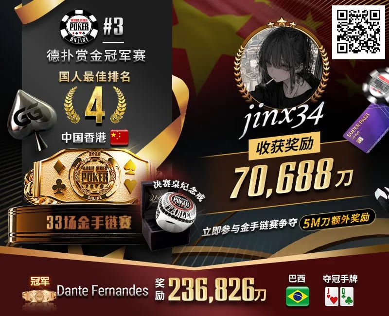 【EPCP扑克】WSOP线上金手链｜茅人及斩获赏金赛冠军！中国香港选手“jinx34”夺#4第四名佳绩