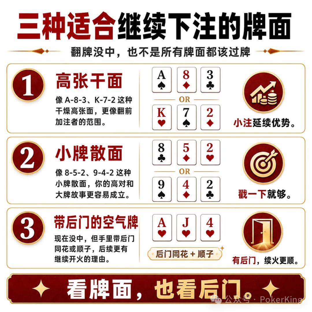 【EPCP扑克】翻牌没中别急着过牌：三种适合“延续下注”的牌面，帮你拿下该拿的底池
